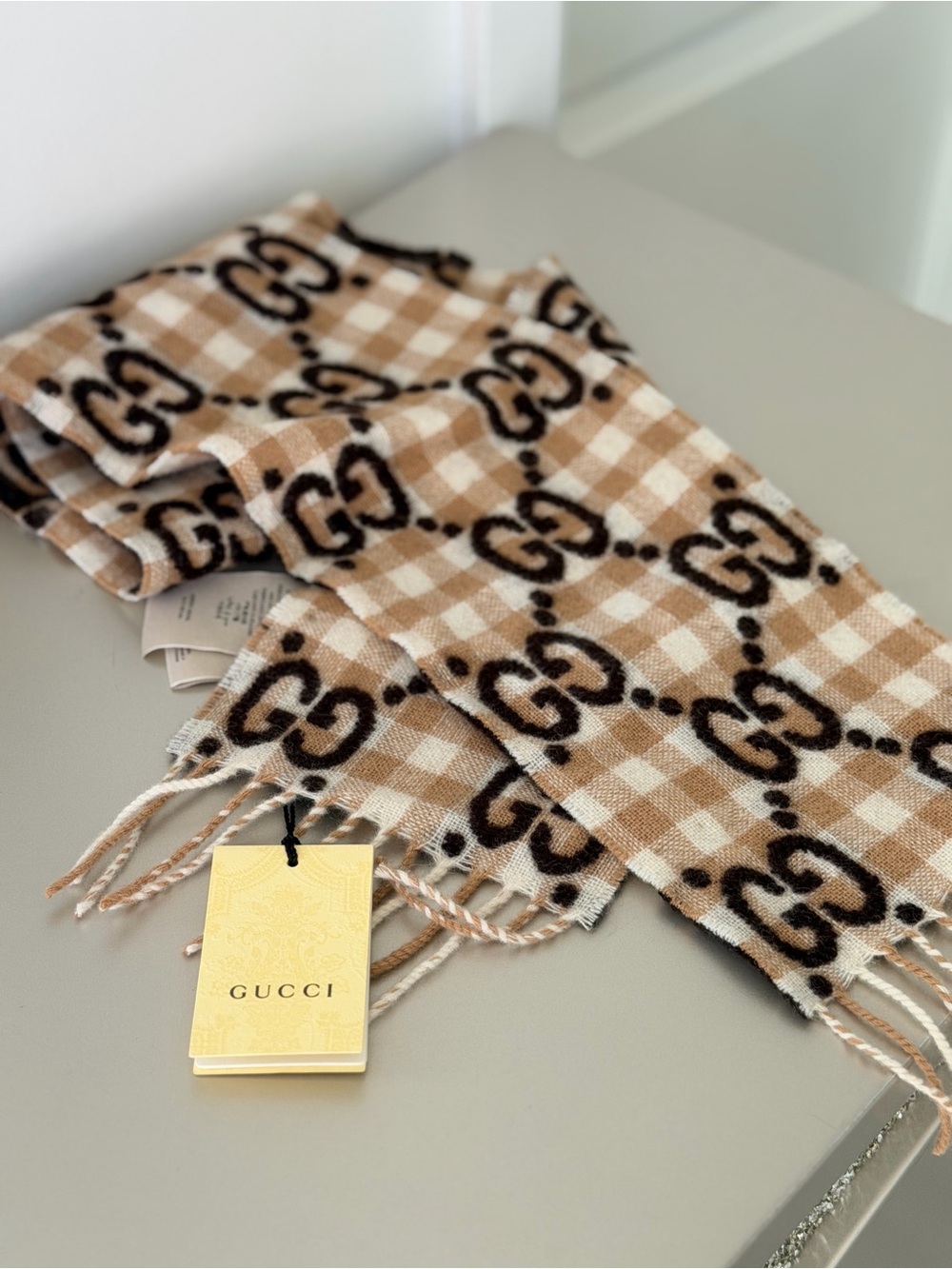 Gucci Beige & Brown GG Check Wool Scarf with Fringe